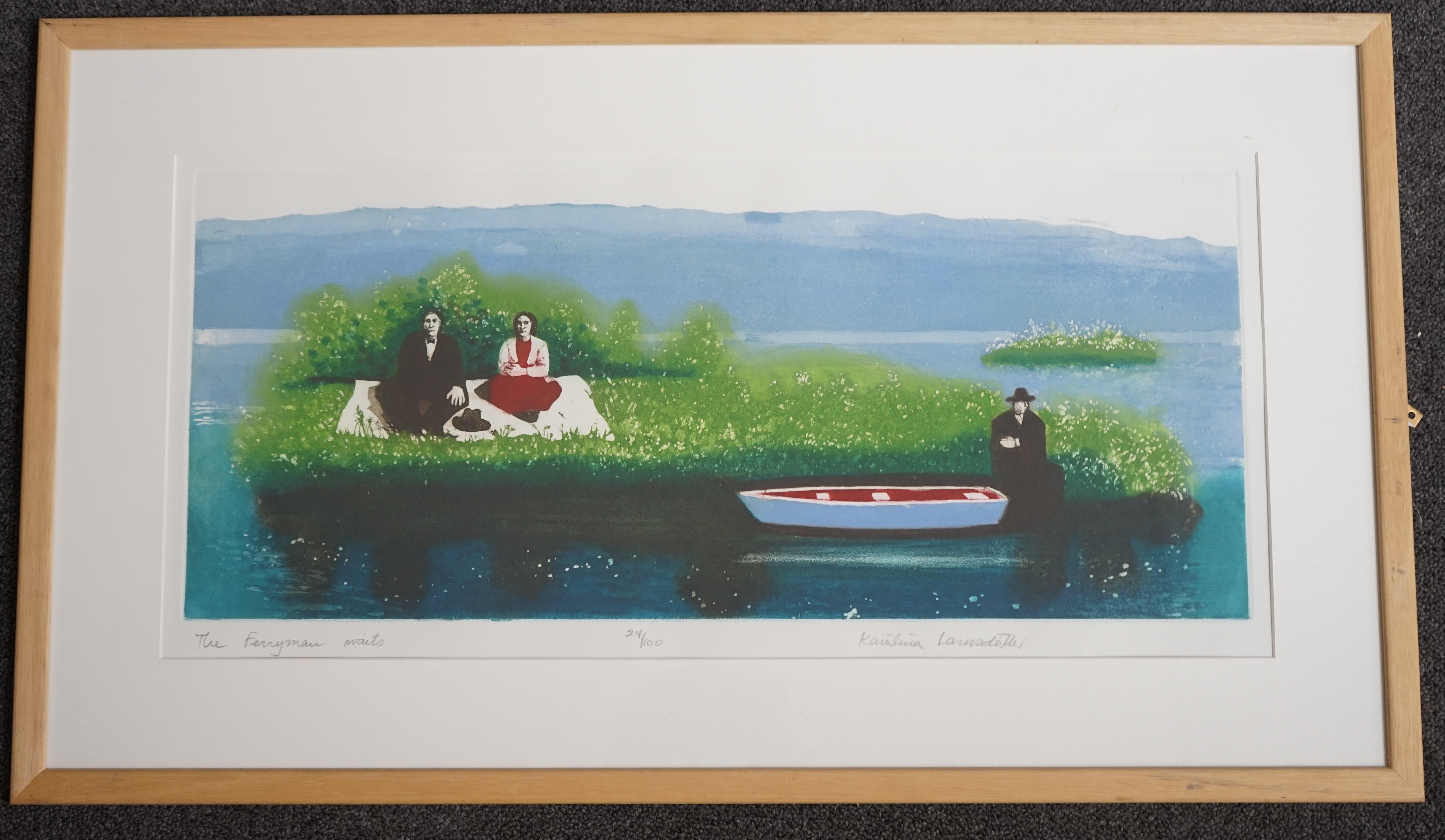 Karolina Larusdottir (Icelandic, 1944-2019), 'The Ferryman waits', coloured etching, 28 x 60cm